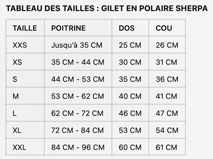 Guide des tailles pour le gilet en polaire Sherpa de Barc London